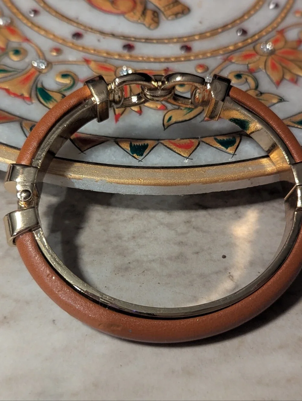 Vintage Heavy 63g Gold Leather Horsebit Cuff Bangle